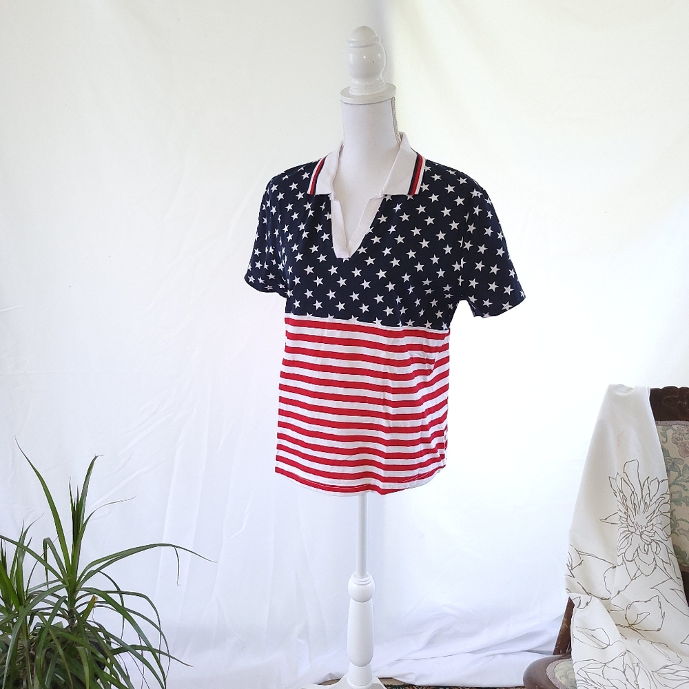 Casual Mountain Lake Red White And Blue American Flag Polo Size Large Patriotic